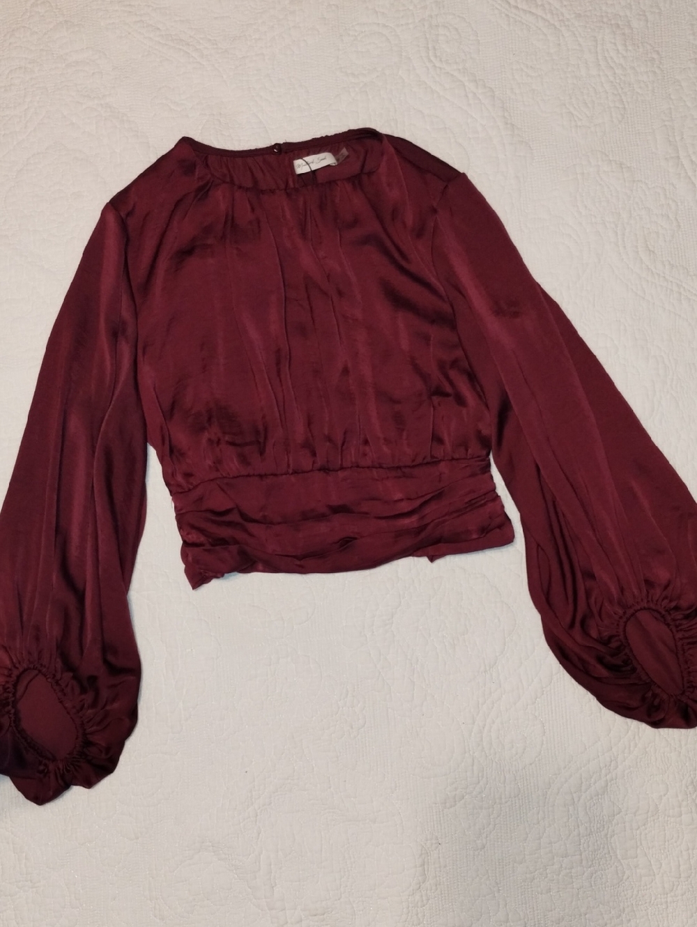 Mustard Seed Burgundy Satin Balloon-Sleeve Blouse